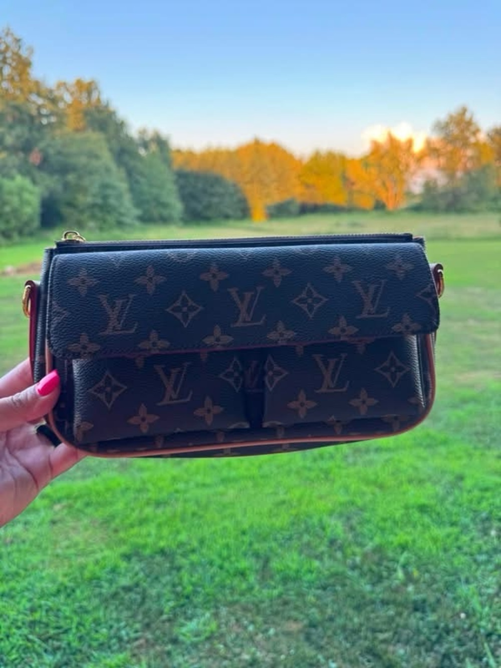 Inspired Brown Monogram Midi Pochette Crossbody Bag- Strap is missing.